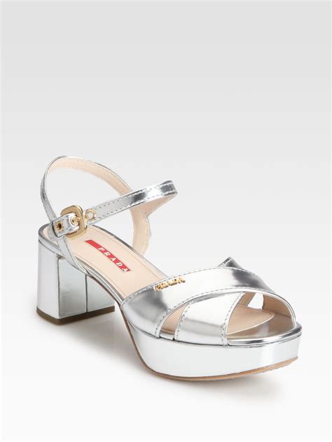 prada criss cross metallic leather platform sandals|Prada silver platform sandals.